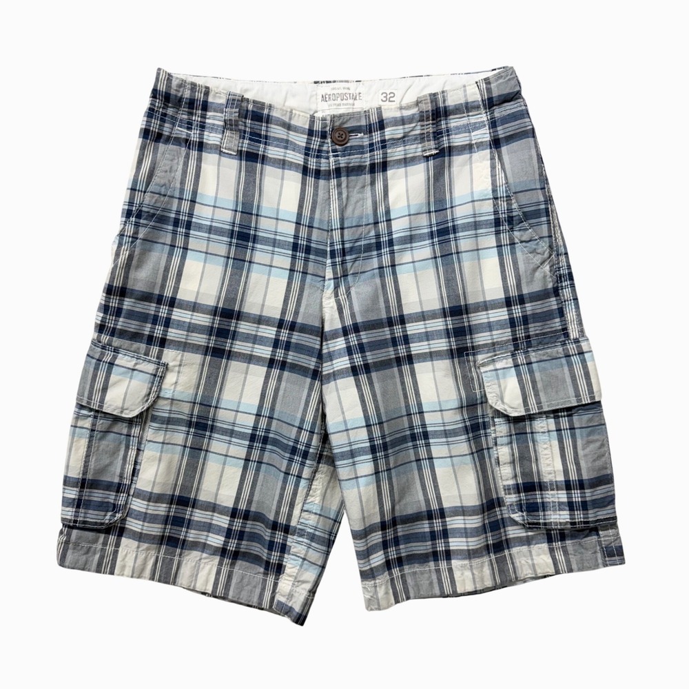 Aeropostale Mens Blue White Plaid Authentic Cargo Shorts Size 32 Cotton 7029AS10